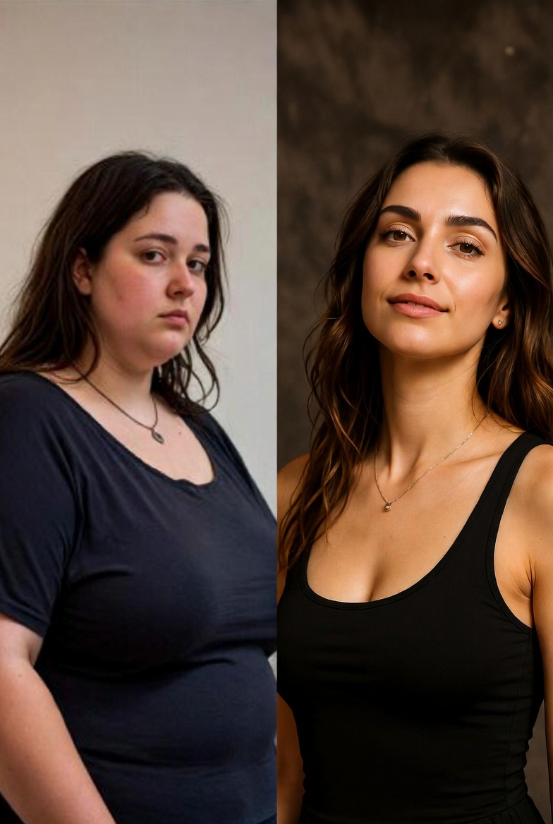 Confronto di due ritratti di una donna, prima e dopo un cambiamento significativo.