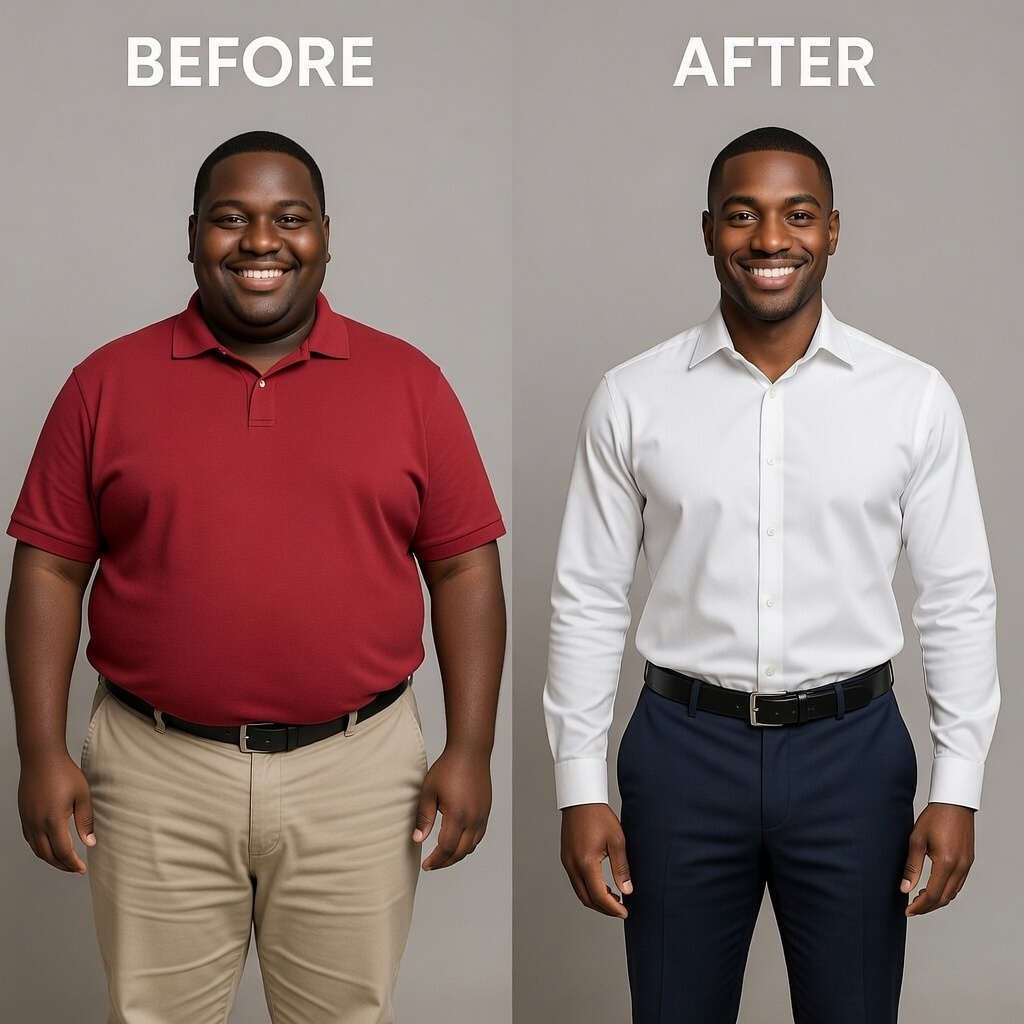 Uomo in outfit prima e dopo una trasformazione di peso, sorridente in entrambe le immagini.