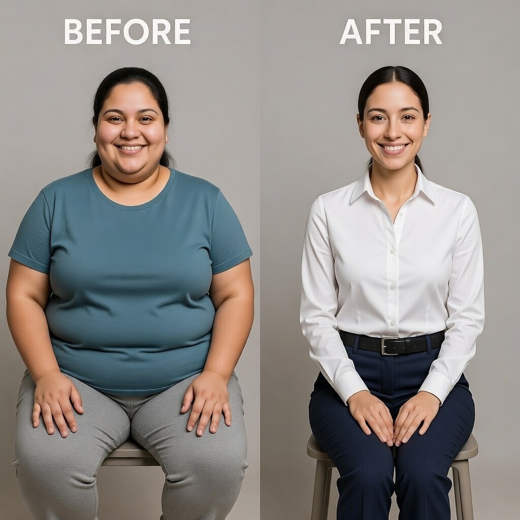 Confronto di trasformazione fisica: prima e dopo, con donne sorridenti in outfit diversi.