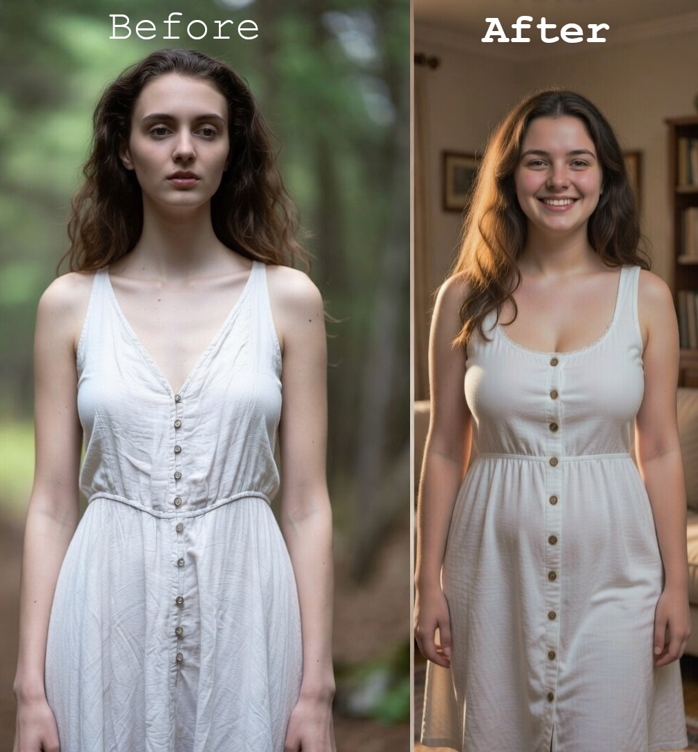 Before-and-after photo of a woman, showing a transformation in demeanor and setting.