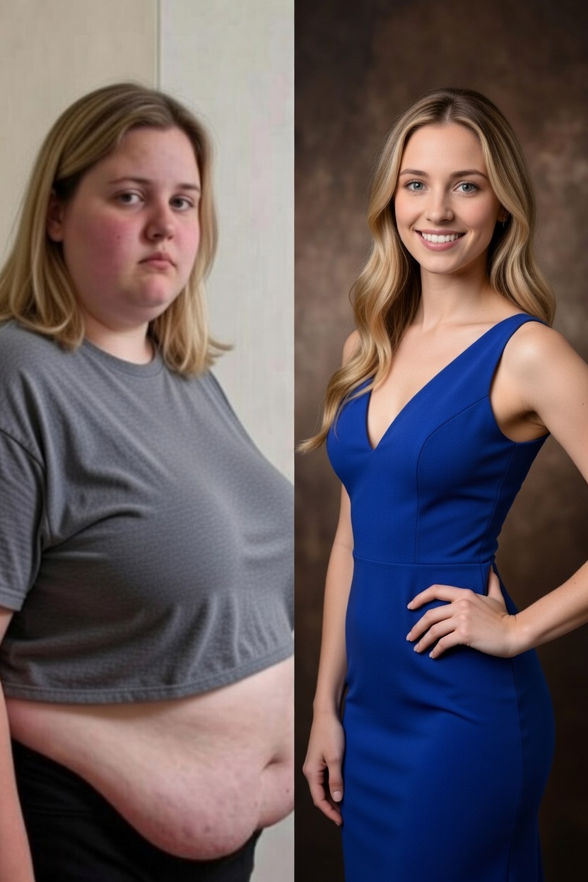 Before-and-after transformation showing a woman’s weight loss journey and new look.