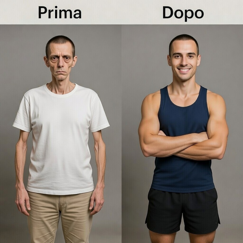 Uomo prima e dopo un cambiamento fisico, mostrando risultati visibili di fitness.