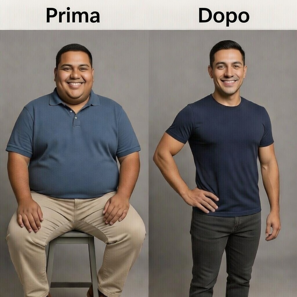 Comparative transformation of a man before and after weight loss, showcasing a significant change.